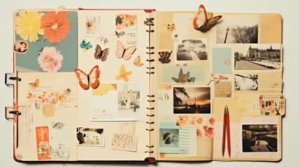 Fotobehang Grunge vlinders 写真やビンテージな紙の素材でコラージュをしたリングノート