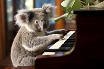 cute koala animal playing the piano - obrazy, fototapety, plakaty