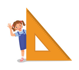 Little girl with big triangle ruler waving hand