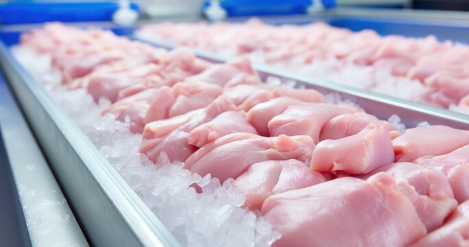 Rows Of Fresh Chicken Meat, Prepared And Packaged, Ready For Distribution From A Modern Poultry Facility