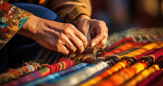 Skilled hands meticulously weaving intricate patterns on a traditional Turkish carpet loom © Putra