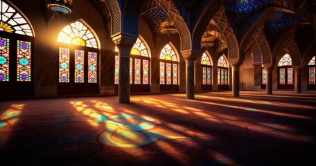 Sunlight filtering through stained glass windows, casting a multicolored glow on the plush carpeted floor of a mosque - obrazy, fototapety, plakaty