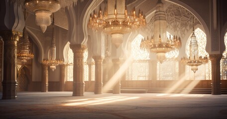 Obraz premium Glistening chandeliers hanging above intricately patterned prayer rugs inside a serene mosque interior
