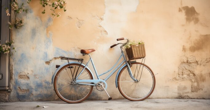 Vintage bicycle leans against a rustic wall