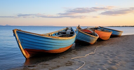 Naklejka premium Traditional wooden boats lined up on the shore