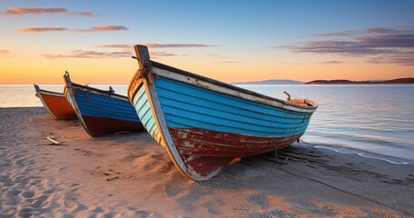 Fototapeta premium Traditional wooden boats lined up on the shore