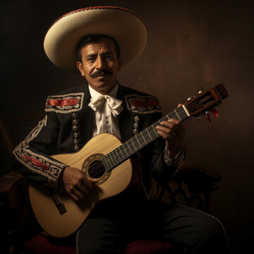 Young Mexican man with brown skin, mustache and mariachi costume plays a guitar