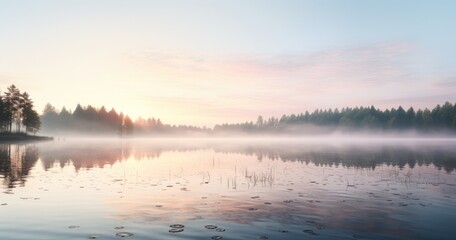 Fototapeta premium Tranquil lakeside at dawn, with mist rising and the world reflected in still waters