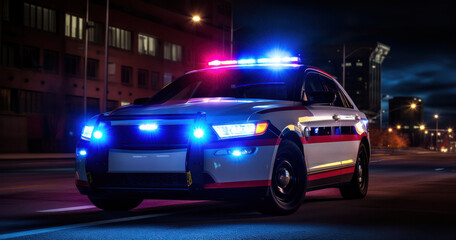 Police car, lights flashing, patrolling the streets ensuring safety during the quiet hours of the night