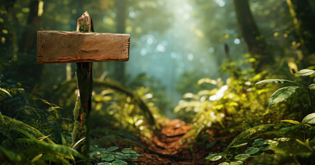 Rustic wooden signpost nestled amidst the dense forest undergrowth, pointing towards different forest trails