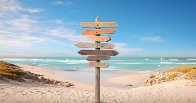 Naklejki Weathered text on the wooden signpost pointing towards different beach destinations