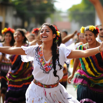 Young Mexican woman enjoys life, wears a typical Mexican dress, is at a traditional Mexican event