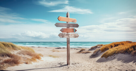 Weathered text on the wooden signpost pointing towards different beach destinations - obrazy, fototapety, plakaty