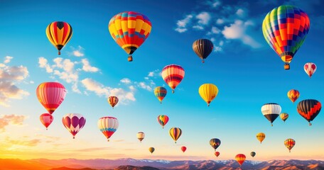 Fototapeta premium Vibrant balloons of various shapes and designs gracefully ascending at dawn