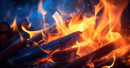 Blazing logs, with sparks flying, illuminating the warmth and comfort of a campfire - obrazy, fototapety, plakaty