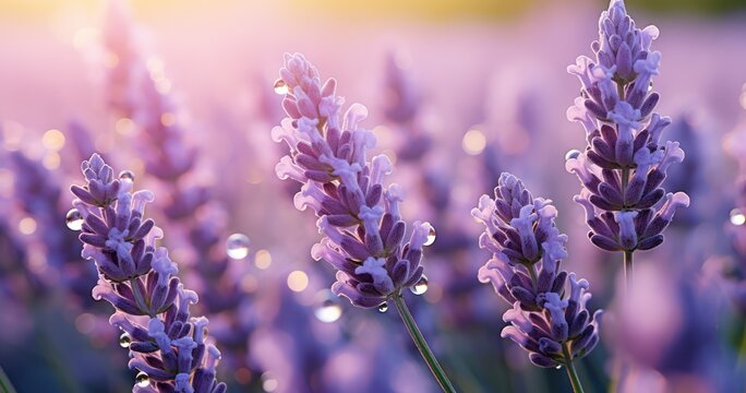 Dewdrops glisten on delicate lavender blossoms