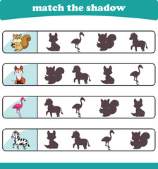 Find the correct animal shadow. Logic Educational Games for Kids