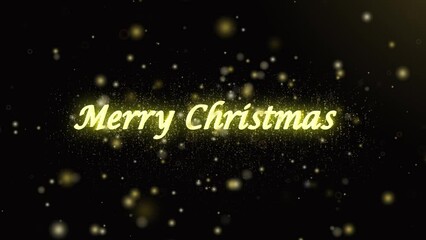 Merry Christmas shiny golden text and flying particles on black background