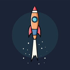 vector illustration of rocket in space, spaceship hand drawn flat design style with stars as background