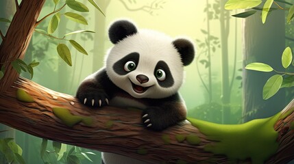  a panda bear sitting on a tree branch in a forest.  generative ai