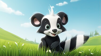  a panda bear sitting in the grass with a sky background.  generative ai