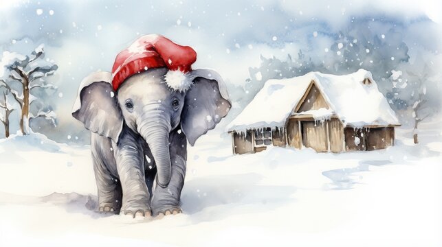  a painting of an elephant wearing a santa hat in the snow.  generative ai