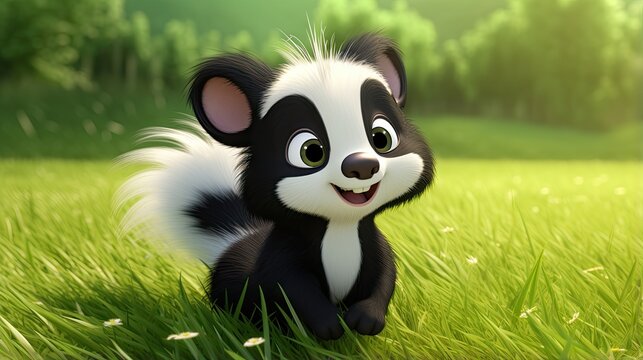 a small black and white animal sitting on top of a lush green field.  generative ai