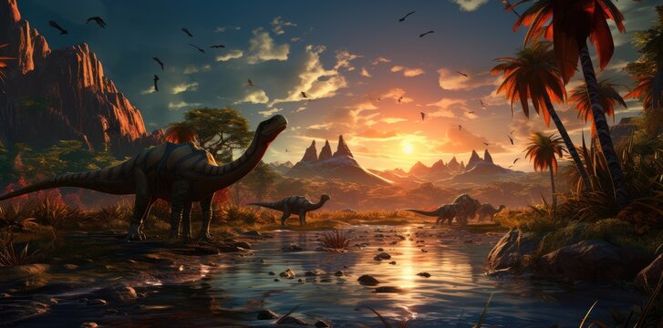 Fototapeta Prehistoric Dinosaur in Stunning Sunset Landscape