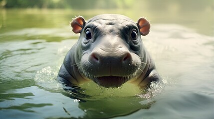  a hippopotamus swimming in the water with its mouth open.  generative ai