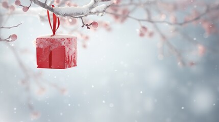 a red present hanging from a tree branch in the snow.  generative ai