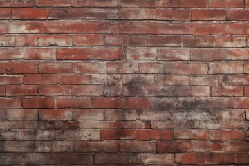 A weathered red brick wall covered in soot and grime, grunge urban exterior wall surface texture