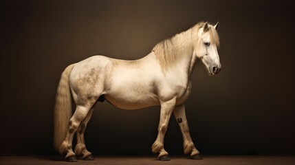  a white horse standing in a dark room with a black background.  generative ai