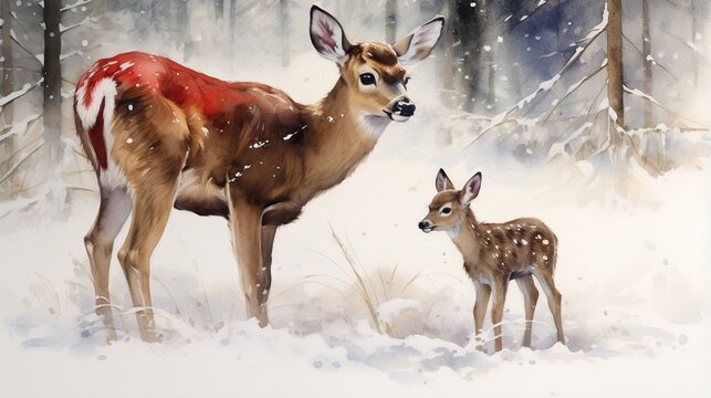  a painting of a deer and a fawn in the snow.  generative ai