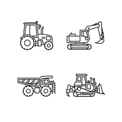 Heavy machinery icon set contains icons such as a dump truck, tractor, bulldozer, and excavator. Editable stroke 