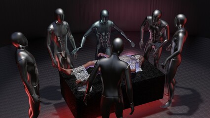Human abductee surrounded by extraterrestrials. Aliens performing experiments on man. Aliens surrounding person on examination table. Being examined, surrounded by aliens. 3d render illustration. © vrx123