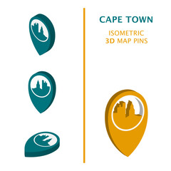 Cape Town 3D vector logo set.  South Africa isometric map pin, geolocation pointer, modern skyline icon, concept, isolated graphic