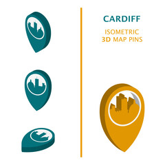 UK Cardiff 3D vector logo set. Wales, United Kingdom isometric map pin, geolocation pointer, modern skyline icon, concept, isolated graphic