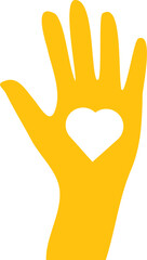 Digital png illustration of yellow hand with heart on transparent background