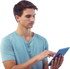 Digital png photo of caucasian man holding tablet on transparent background