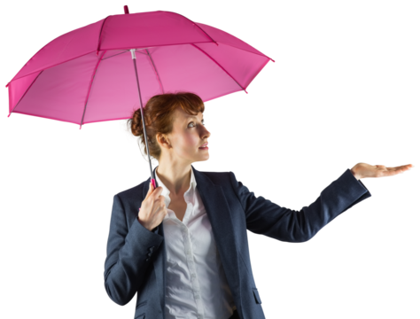 Digital png photo of caucasian businesswoman with umbrella on transparent background - Powered by Adobe