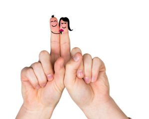 Digital png illustration of fingers with faces of couple embracing on transparent background