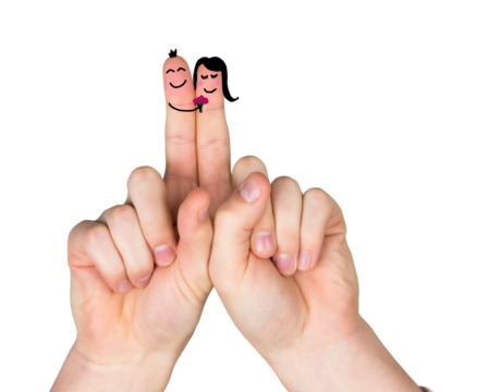Digital png illustration of fingers with faces of couple embracing on transparent background