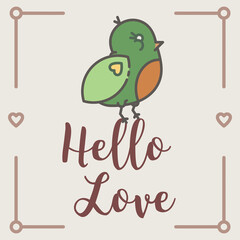 Digital png illustration of hello love text and bird on lilac and transparent background