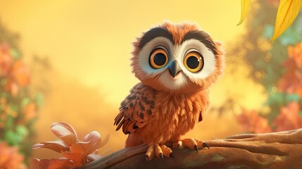  a little owl sitting on a branch with a yellow background.  generative ai