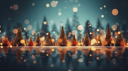  a christmas scene with a lot of trees and lights in the background.  generative ai