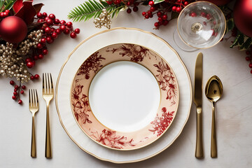 A flat lay composition showcasing a warm and inviting Christmas table setting with plates, cooking ware, and seasonal decorations, leaving generous space for copy in the background. 