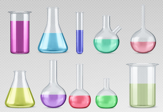 Chemistry laboratory flask with liquid for test. Lab beaker equipment 3d realistic glassware set. Chemical science experimental volumetric tool. Pharmaceutical transparent jar with color fluid