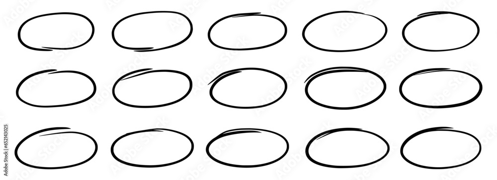 Aufkleber Drawn pen line oval set. Hand drawn marker stroke style doodle oval frame. Scribble round frame for text highlight. Grunge scratch style set. Vector illustration