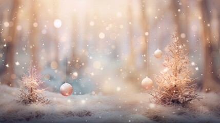 Fototapeta na wymiar a snowy scene with a christmas tree and baubles. generative ai