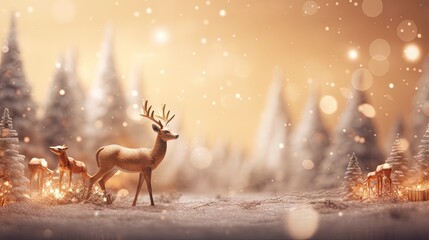  a christmas scene with a deer in the foreground and trees in the background.  generative ai